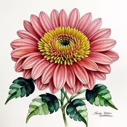 a flower with leaves sits in watercolor on paper