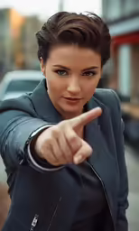 a woman points her finger toward the camera
