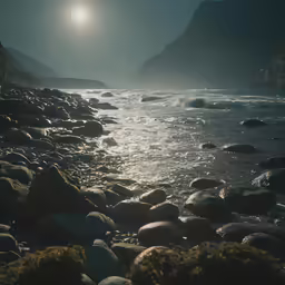 a body of water surrounded by rocks and plants