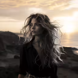 a woman is standing with her hair blowing,a woman with blonde hair near the ocean