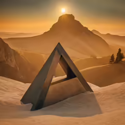 three triangles are in the middle of sand with mountains behind it