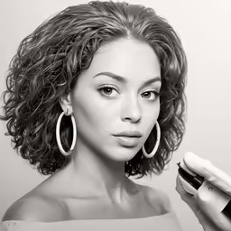 a woman with big hoop earrings on and a black lip polish on her lips