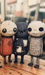 a row of three cartoon dolls on a table