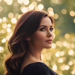 the beautiful young woman is posing in front of some lights