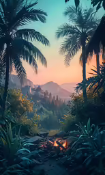 an open fire pit in the forest surrounded by palm trees