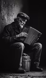 an old man is playing an accordion