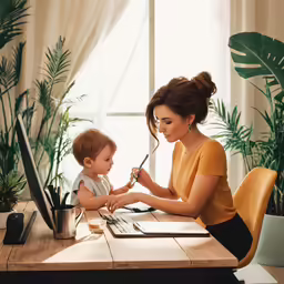 a woman sits at a table with her baby