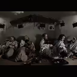 five people lay in bed inside of a dark room