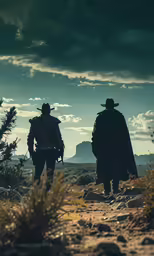 two men in western clothing walk through the desert