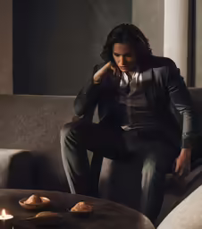 the man is sitting in the corner of the room