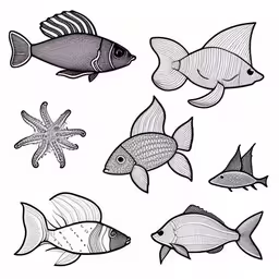an ink drawing of tropical fish that represent species of fish in a marine