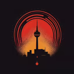 a red and yellow poster with a skyline