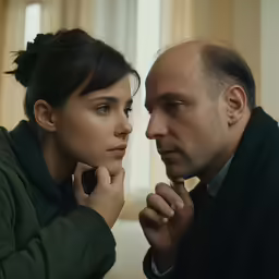 a man and woman sitting at a table with an expression