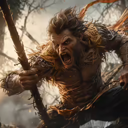 a man in a forest holding onto a branch