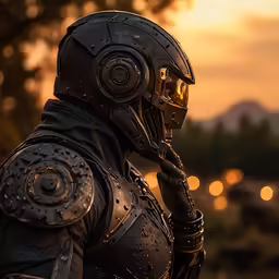 a person in a gas mask with metal gloves and gear