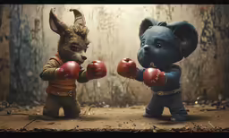 two toy animals are fighting with each other