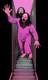 a person standing in the doorway between two creepy faced people