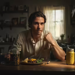 a man with long hair sitting at a table with a plate of food