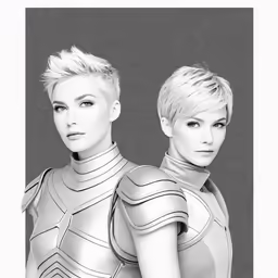 two women with short hair and one wearing an armor