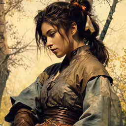 the girl is wearing a costume that has a brown tie