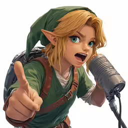 link link figurine holding a microphone and giving a thumbs up