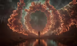a person stands in a lake near the large red fire