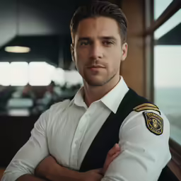 man in uniform posing for picture near window