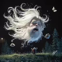 the strange look is created by a large white bearded man with long hair