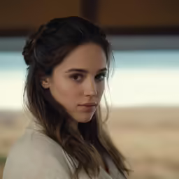 an attractive young woman in front of a beach