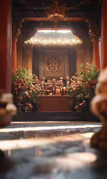 a wooden altar with some candles lit and flowers growing on it