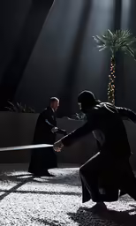 a man and woman holding swords while wearing black suits