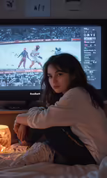 the girl is sitting on her bed watching television