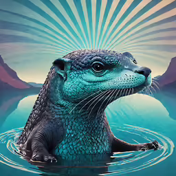 an animal sitting in water with the sun rising behind it