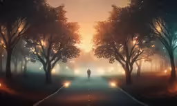 a person standing in the middle of the road at night