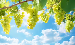 the green grapes are growing on the tree branch