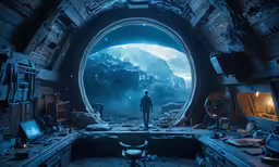 a man standing inside of a cave surrounded by lights