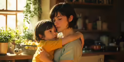 a woman hugging a little girl with her arms around her