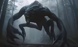 giant monster walking through the woods in a foggy forest