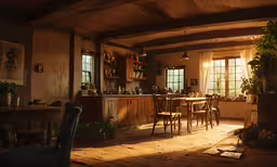 the sun is shining into a large kitchen,the sun shines in through a window in the kitchen