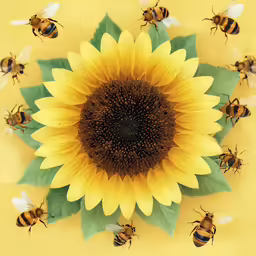 a sunflower and bees in a circular pattern