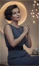 a woman in a grey dress sitting in front of a circle with lights