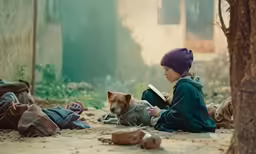 a little girl sitting on the ground reading a book to her puppy