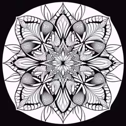 the art work of a drawing, which uses a circular pattern of leaves,the black and white coloring is a circular design,an abstract circular pattern in black and white,an artistic round design with white flowers on black,this intricate design is all done in the same style