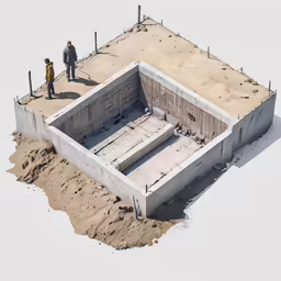 an overhead view of two people standing around a concrete pit
