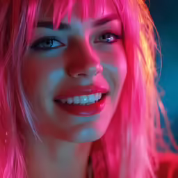 a woman with pink hair with blue eyes