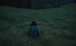 woman sitting alone in the field at night