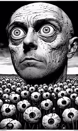 an old creepy man with many spooky eyes is in a field