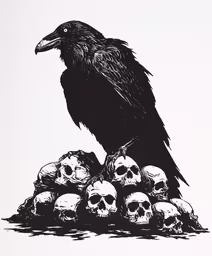 a large black bird sitting on top of skulls,a crow sitting on top of a pile of skulls