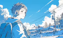 a anime man with long hair looking at something on a snowy day