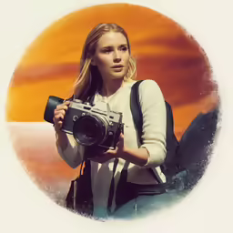 a woman holding a camera standing next to a sun